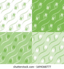 Nahtloses Muster mit Blumen (Tulpenknospen) und Wellen. Weiche hellgrüne Blumenmotive für Sommer und Frühling. Wiederholte Textur für Gewebe, Textilien, Leinen, Teppiche, Umhüllungspapier, Fliesen. Vektorillustration-Bild