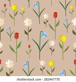 Seamless pattern of flowers, tulip, chamomile, dandelion, bell, vector illustration