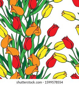 Seamless Pattern with Flowers Tulip. Ornament items with Easter and Spring symbols. For printing wrapping paper, wallpaper, packaging, fabric. Hand Drawn vector illustration.