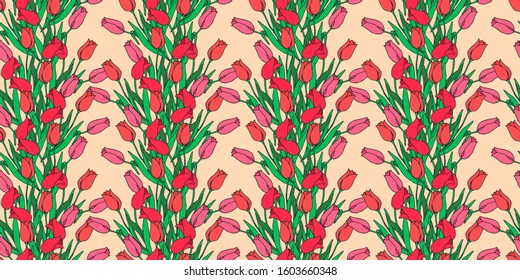Seamless Pattern with Flowers Tulip. Ornament items with Easter and Spring symbols. For printing wrapping paper, wallpaper, packaging, fabric. Hand Drawn vector illustration.