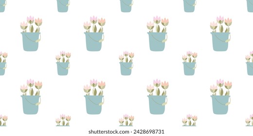Patrón sin costuras con tulipanes de flores en cubo. Ilustración aislada plana del dibujo animado del vector, fondo creativo de la moda para la tela, envoltura, papel pintado, textil, ropa. Plantilla de repetición linda de primavera.