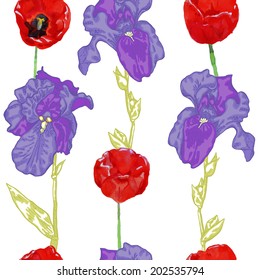 Seamless pattern with flowers tulips and irises on a white background in a row