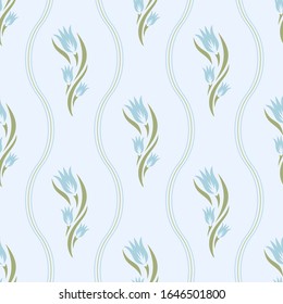 Seamless pattern with flowers (tulips), leaves and waves. Floral ornament on a light blue background. Repeating texture for the design of wallpaper, textile, wrapping paper. Vector illustration.