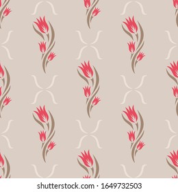 Seamless pattern with flowers (tulips) and leaves. Floral ornament on gray background.  Repeating texture for wallpaper design, textile, wrapping paper, web pages. Vector illustration.