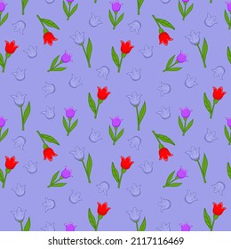 Patrón sin foco con tulipanes de flores sobre un fondo morado. Ilustración vectorial en un estilo plano minimalista, dibujado a mano. Impresión textil, diseño de impresión, postales.