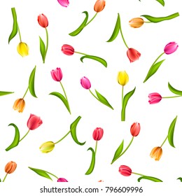 Seamless pattern with flowers tulips on a white background. Vector illustration of red, orange, yellow, purple tulips.