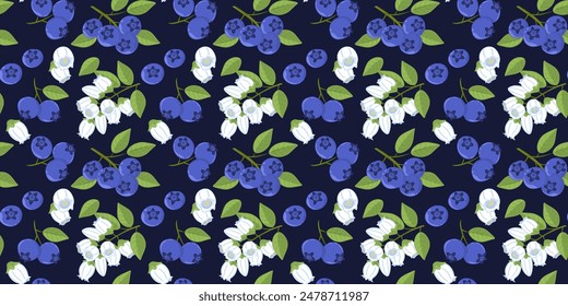 Seamless pattern with flowers and twigs of blueberries. Summer botanical background with hand drawn berries and inflorescences