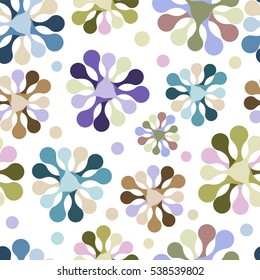 Seamless pattern of flowers of unusual pastel colours. Cartoon chemical compounds. Illustration of bacteria or simple-celled. The underwater world in macro