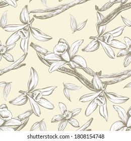 Seamless Pattern With Flowers And Vanilla Sticks. Orchid. Natural Vector Hand Drawn Illustration For Printing Fabric, Wrapping Paper, Packaging.