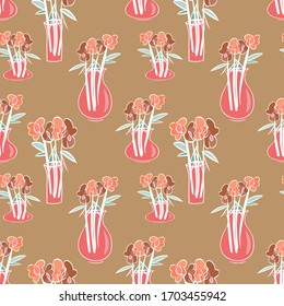 Seamless Pattern of Flowers in Vase. Hand Drawn Illustration.