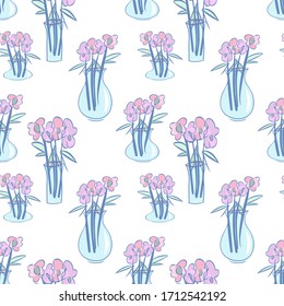 Seamless Pattern of Flowers in Vase. Hand Drawn Illustration.