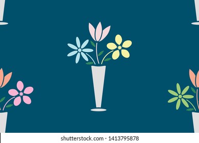 Seamless pattern.  Flowers in the vase on blue background. Vector illustration.