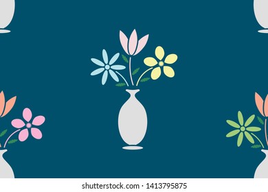 Seamless pattern.  Flowers in the vase, pastel color. Vector, illustration.