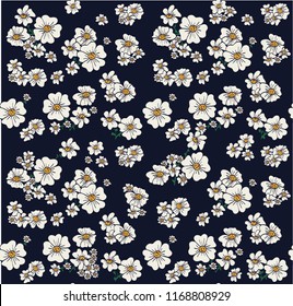 Seamless pattern of flowers in vector with blu background and white floral elements