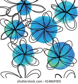 
Seamless pattern with flowers . Vector freehand drawing with watercolor paint stains .