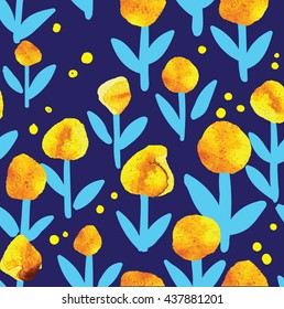 Seamless pattern with flowers . Vector freehand drawing with watercolor paint stains .
