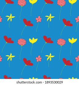 Seamless pattern flowers, vector illustration, red, yellow, pink and green colors, blue background