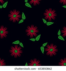 Seamless pattern of flowers. Vector imitation of embroidery on a black background