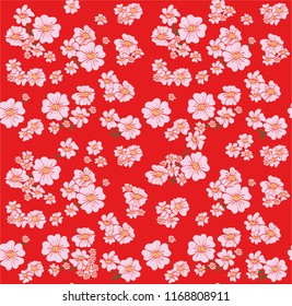 Seamless pattern of a flowers in vector with red background and pink floral elements