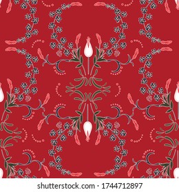 Seamless pattern of flowers vines and leaves on classic mood vector EPS10,Design for fashion,fabrics,taxtile,wallpaper,wrapping,web and all graphic type and all prints on red bakground color
