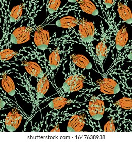 Patrón inoxidable con flores y viñas sobre un fondo negro. Textura vectorial. Papel de la pared, cubiertas, fondos, textiles, papel de envoltura.