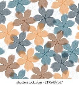 Seamless pattern with flowers. Vintage background. Set Chamomile Roses hibiscus mallow wildflowers. 