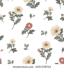 Seamless pattern with flowers in vintage style. Vector illustration with flowers on a white background in Morris style. Vintage motive.