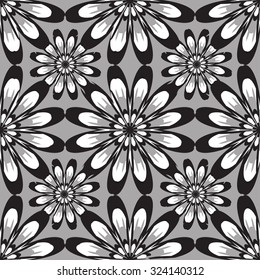 Seamless pattern with flowers. Vintage texture. Monochrome backdrop. Black and white daisies. Gray background. Vector Illustration. 