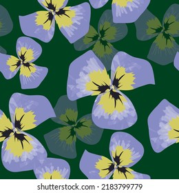Nahtloses Muster mit Blumen (viola tricolor) auf dunklem Hintergrund. Botanische Illustration für Textilien oder Tapeten.