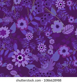 Seamless pattern of flowers in a violet, brown and purple colors. Imitation embroidery. Vector textile print template fashion paisley field wallpaper art.