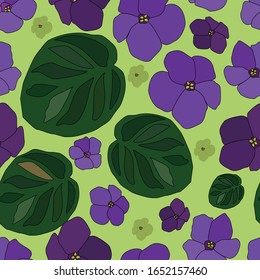 Seamless pattern of flowers and violet leaves on a light green background