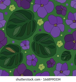 Seamless pattern of flowers and violet leaves on a green background