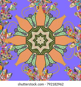 Seamless pattern with flowers. Violet, neutral and orange colors. Mandala vector floral flower oriental coloring book page outline template carpet.