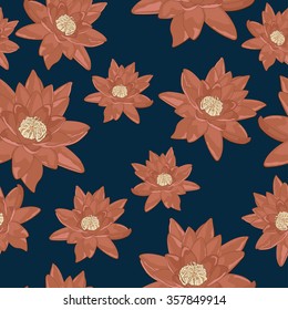 Seamless pattern of flowers of water lilies on a dark blue background. lotus. Vector illustration