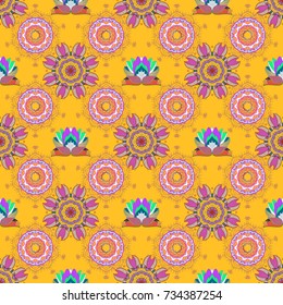 Seamless pattern with flowers. Watercolor illustration. Hand drawn. Flowers on yellow, orange and neutral colors.