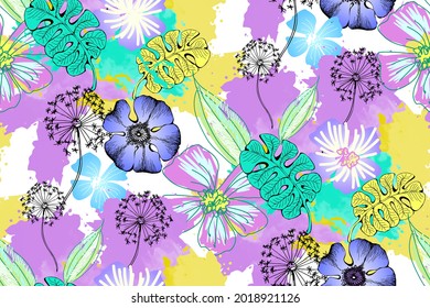 Seamless pattern. Flowers and watercolor stains. Lilac, yellow and turquoise