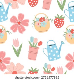 Seamless pattern with flowers, watering cans, baskets with strawberries, and potted tulips. Cute spring gardening theme.