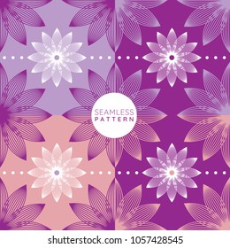 Seamless pattern of flowers which is made from lines in pink and purple color tone. 4 colorways of this pattern are nice for fabric,textile and paper design.