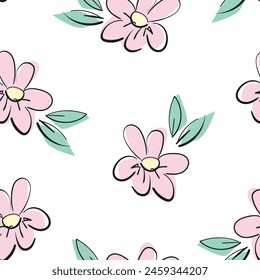 Seamless pattern of flowers white background. Pink flowers background. Vector illustration of  textile ink flower design