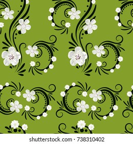 Seamless pattern with flowers of white geranium on a green background.
