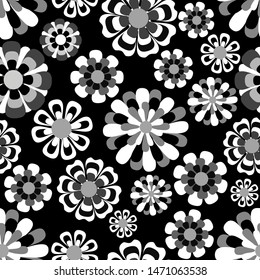 Seamless pattern, flowers with white, gray and black petals on a black background.
