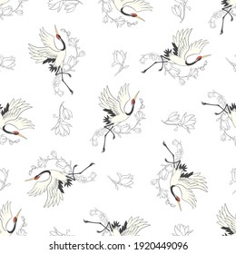 Seamless pattern with flowers and white Japanese cranes. Vector, illustration