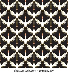 Seamless pattern with flowers and white Japanese cranes. Vector, illustration