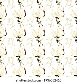 Seamless pattern with flowers and white Japanese cranes. Vector, illustration