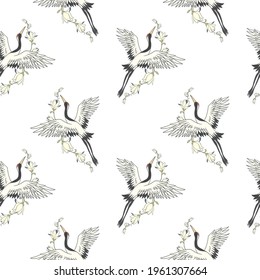 Seamless pattern with flowers and white Japanese cranes. Vector, illustration