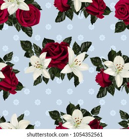 Seamless pattern with flowers of white lilies and red roses