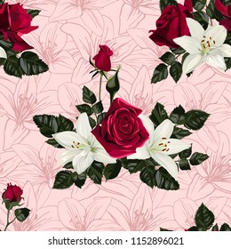 Seamless pattern with flowers of white lilies and red roses