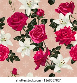 Seamless pattern with flowers of white lilies and red roses