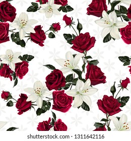 Seamless pattern with flowers of white lilies and red roses.