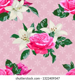 Seamless pattern with flowers of white lilies and pink roses